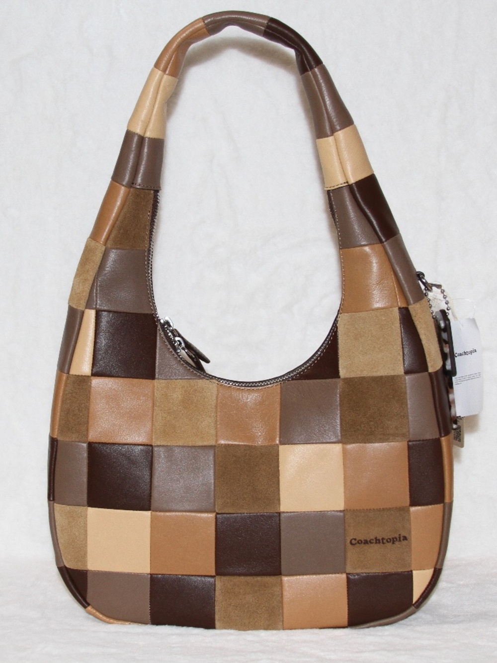 COACH Coachtopia Alter Ego Crescent Shoulder Bag Checkerboard Suede Leather Tan
